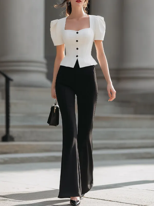 White Puff Sleeve Corset Crop Top & Black Flared Pants made by Something Navy