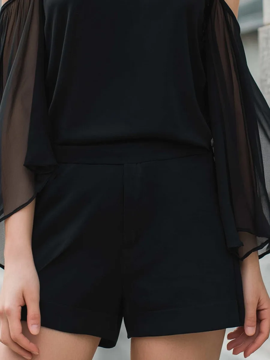 Sheer Cold-Shoulder Chiffon Top & Tailored Shorts Set sold by Mooyius product image thumbnail 3
