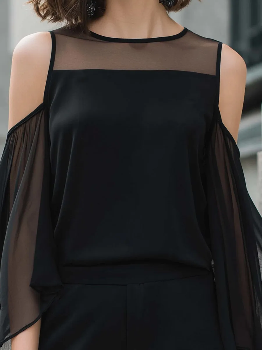 Sheer Cold-Shoulder Chiffon Top & Tailored Shorts Set sold by Mooyius product image thumbnail 2