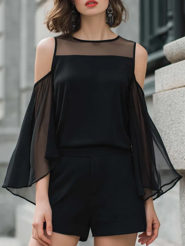 Sheer Cold-Shoulder Chiffon Top & Tailored Shorts Set made by Mooyius