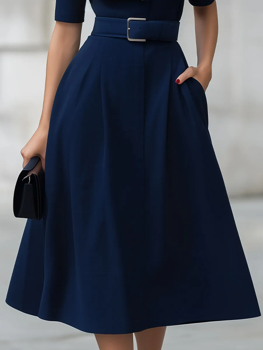 Navy High Neck Short Sleeve Belted Fit-and-Flare Midi Dress sold by Mooyius product image thumbnail 4