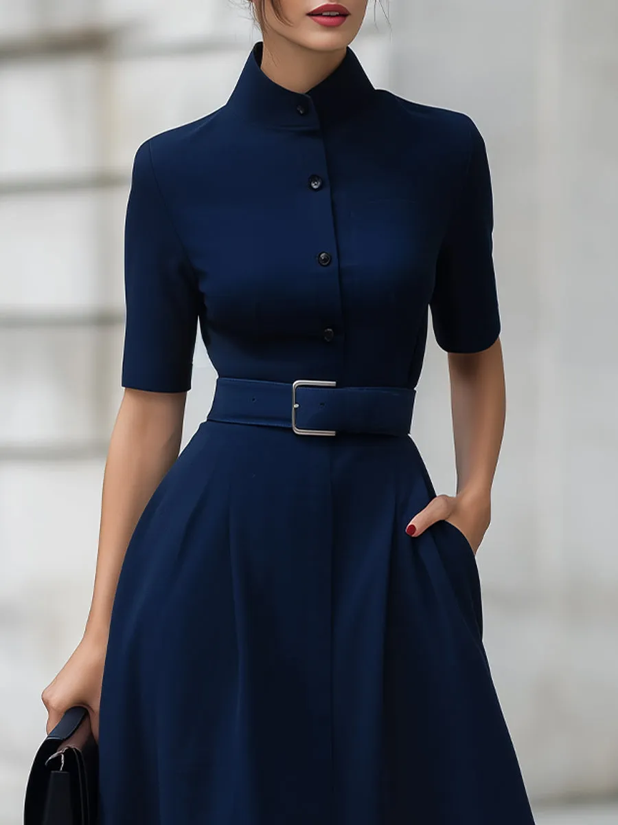 Navy High Neck Short Sleeve Belted Fit-and-Flare Midi Dress sold by Mooyius product image thumbnail 3