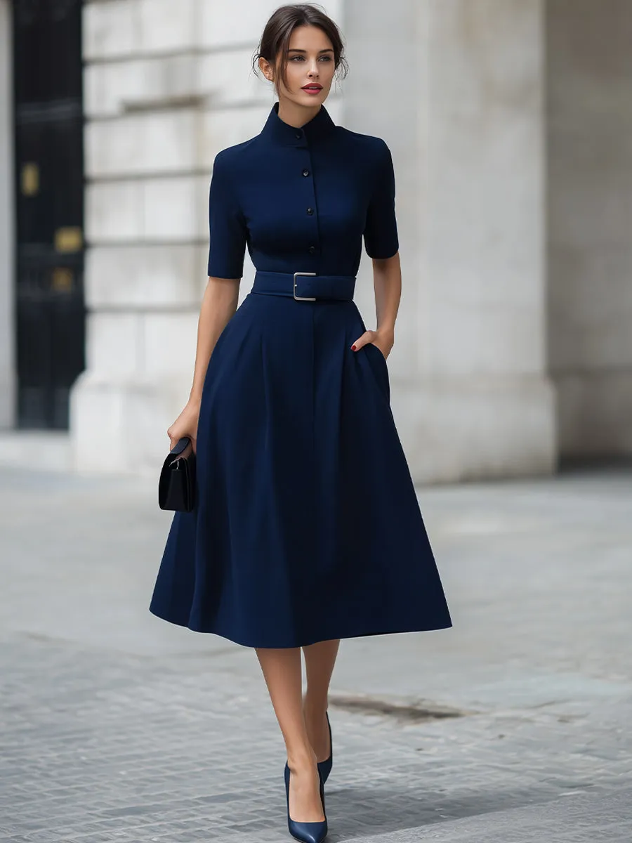 Navy High Neck Short Sleeve Belted Fit-and-Flare Midi Dress sold by Mooyius product image thumbnail 2