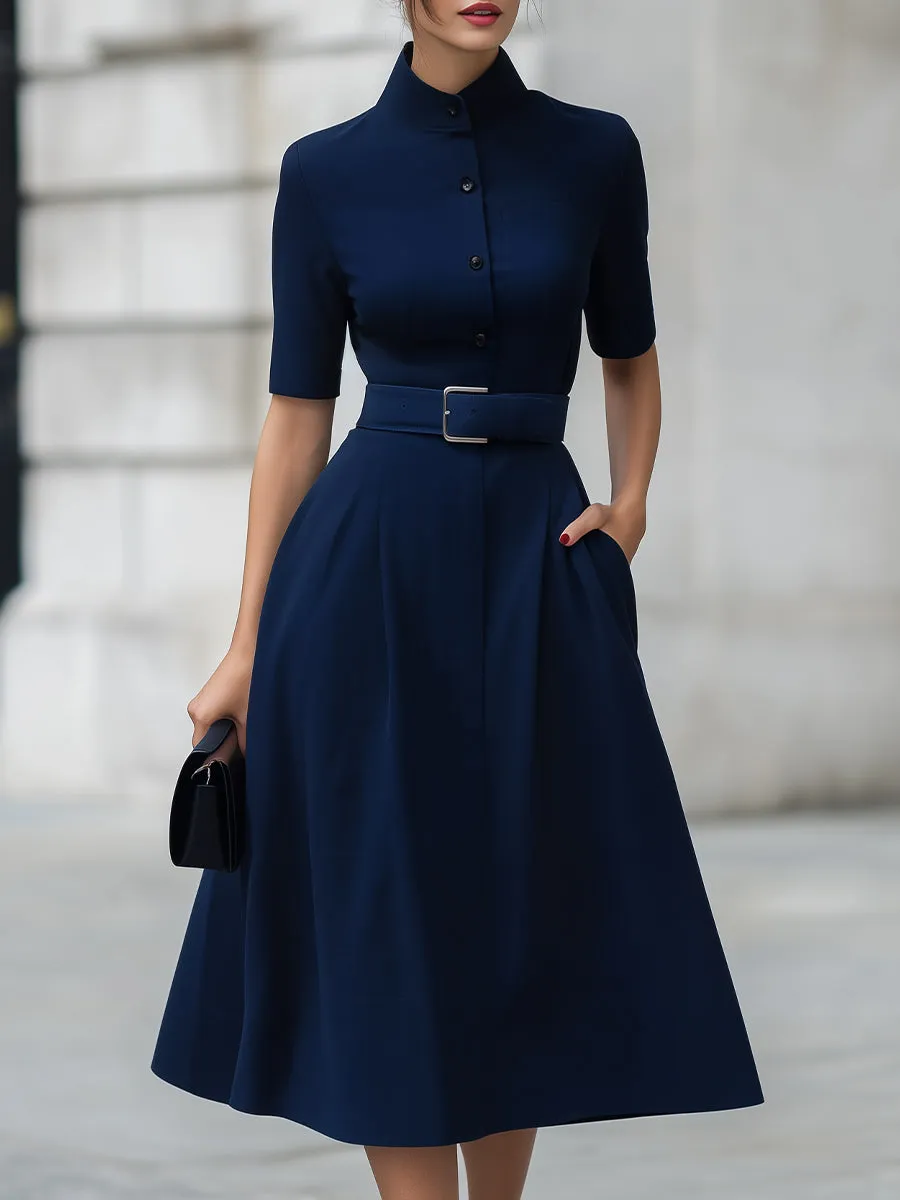 Navy High Neck Short Sleeve Belted Fit-and-Flare Midi Dress sold by Mooyius