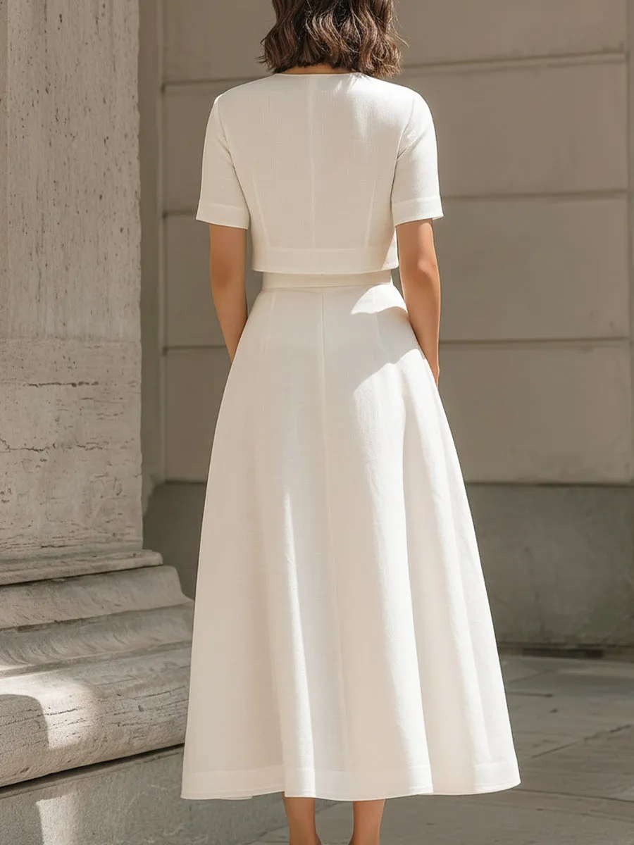 White Short Sleeve Crop Top & High-Waisted Pleated Midi Skirt sold by Mooyius product image thumbnail 4