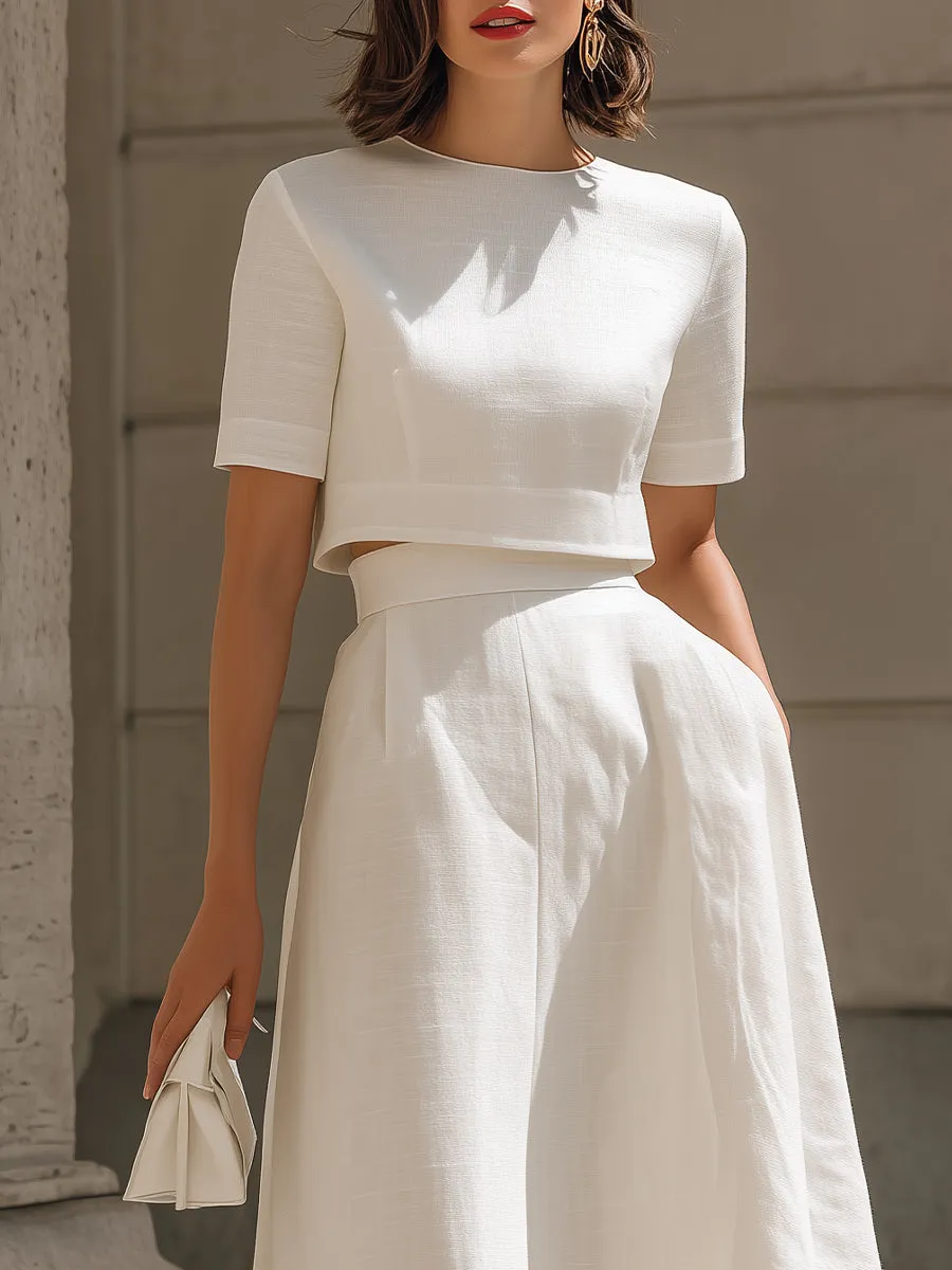 White Short Sleeve Crop Top & High-Waisted Pleated Midi Skirt sold by Mooyius product image thumbnail 2