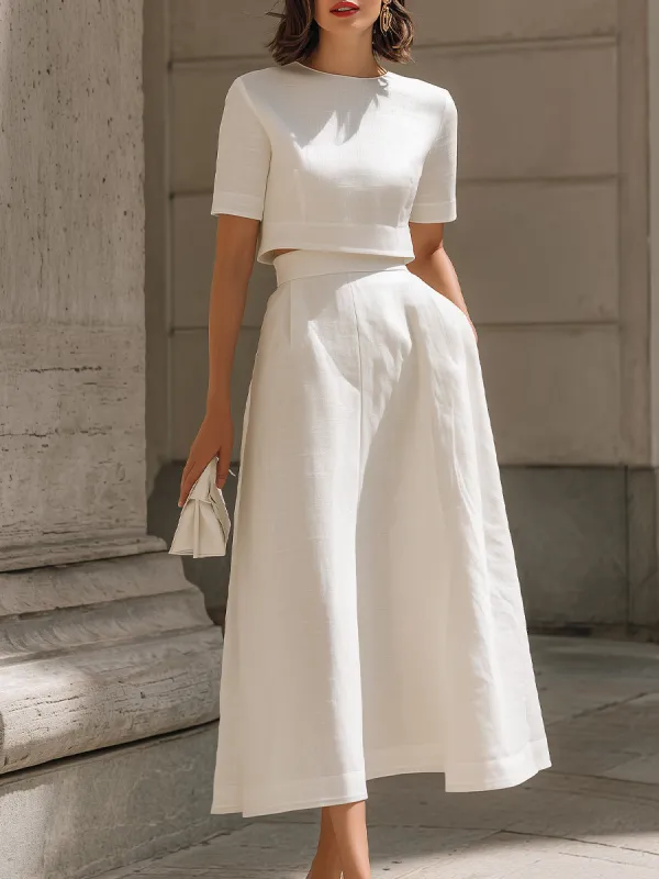 White Short Sleeve Crop Top & High-Waisted Pleated Midi Skirt made by Something Navy