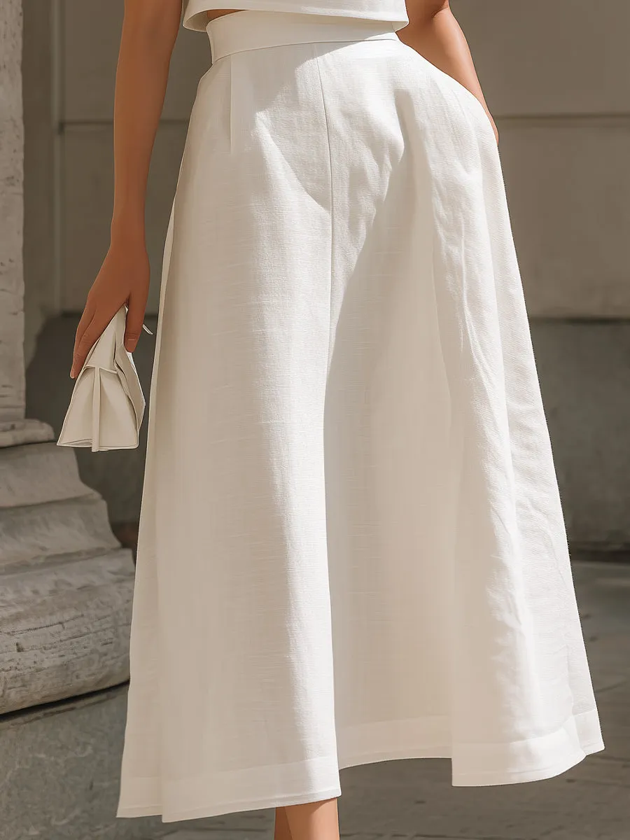 White Short Sleeve Crop Top & High-Waisted Pleated Midi Skirt sold by Mooyius product image thumbnail 3