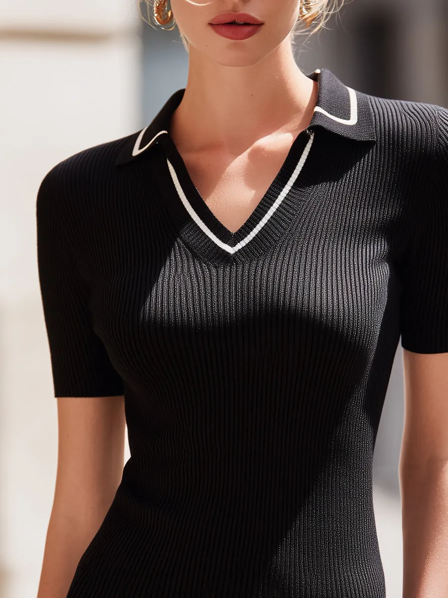 Ribbed Polo Collar Short Sleeve Knit Top sold by Mooyius product image thumbnail 3