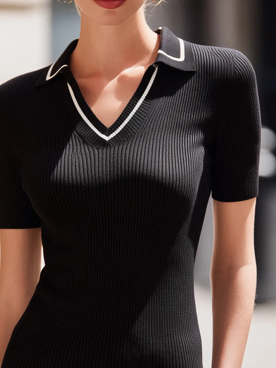 Ribbed Polo Collar Short Sleeve Knit Top sold by Mooyius product image thumbnail 4