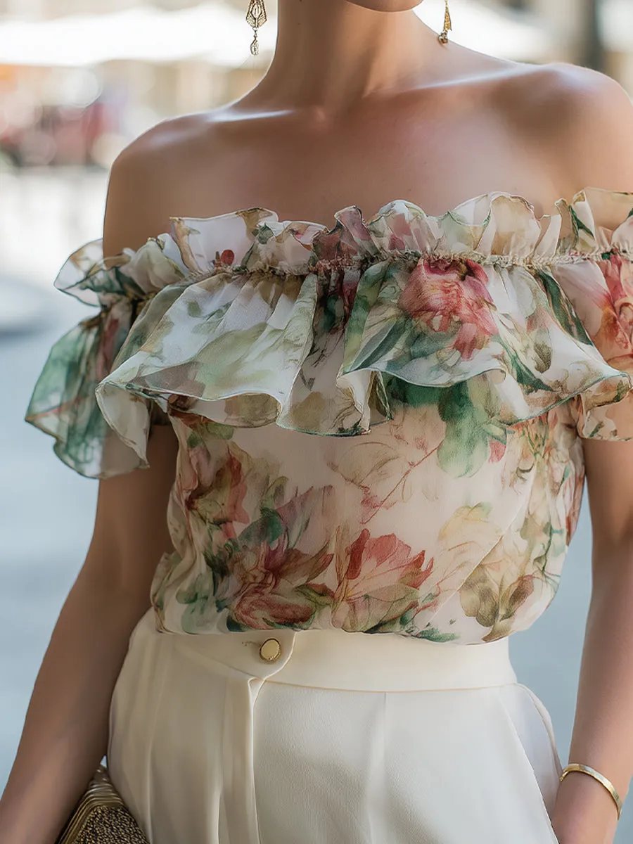 Off-Shoulder Ruffle Floral Chiffon Blouse sold by Mooyius product image thumbnail 4