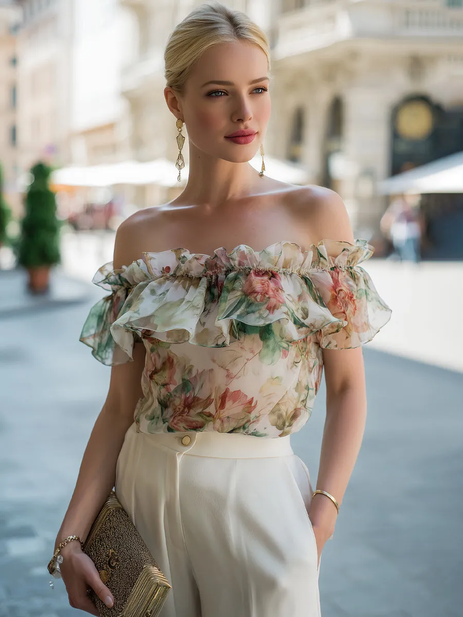 Off-Shoulder Ruffle Floral Chiffon Blouse sold by Mooyius product image thumbnail 2