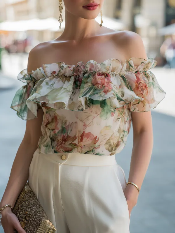 Off-Shoulder Ruffle Floral Chiffon Blouse made by Mooyius