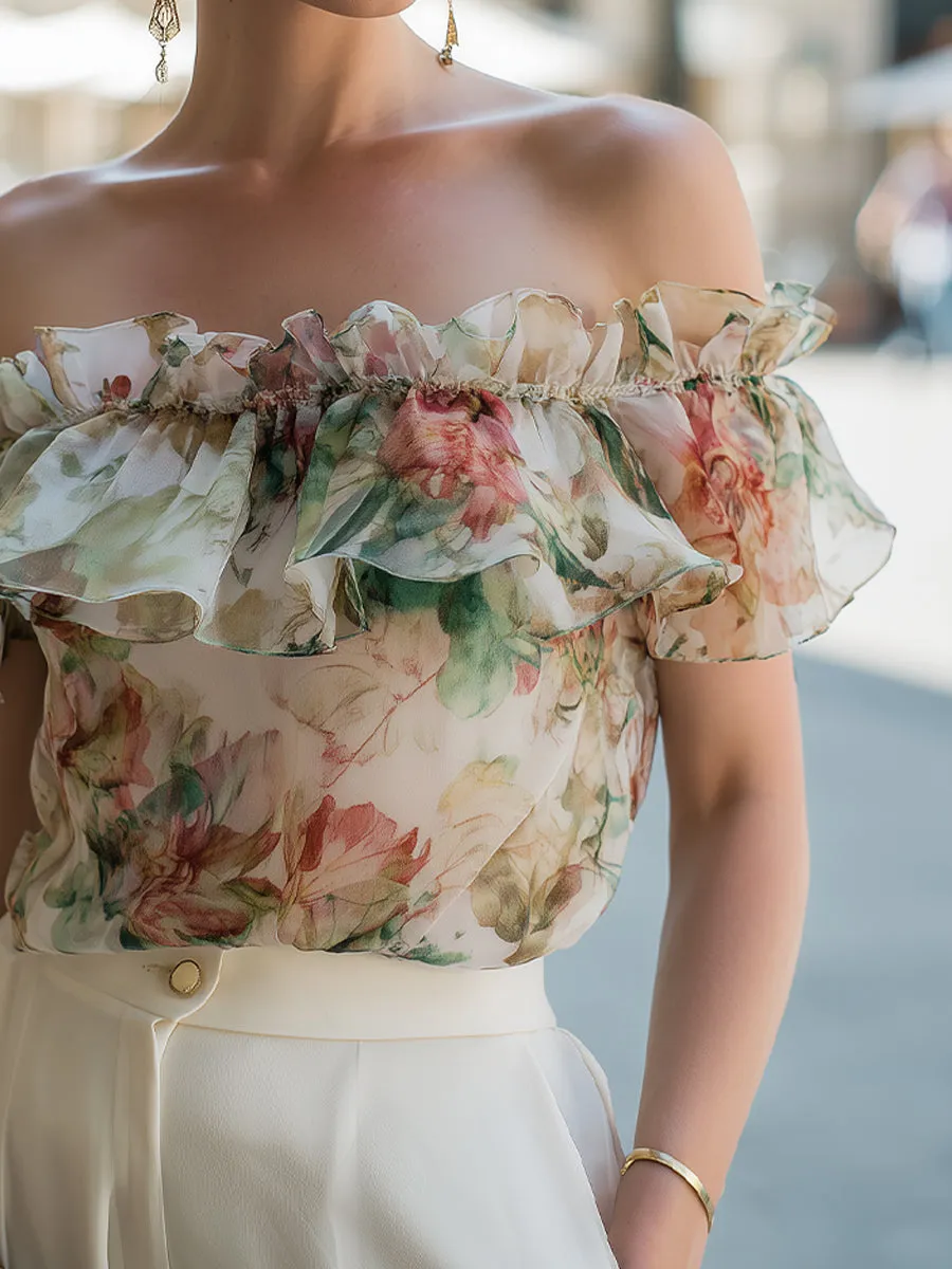 Off-Shoulder Ruffle Floral Chiffon Blouse sold by Mooyius product image thumbnail 3