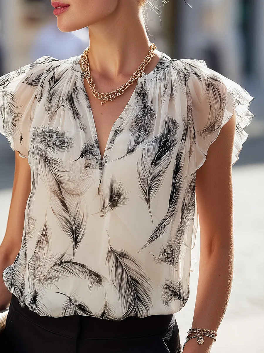 Feather Print Ruffle Sleeve V-Neck Blouse sold by Mooyius product image thumbnail 3