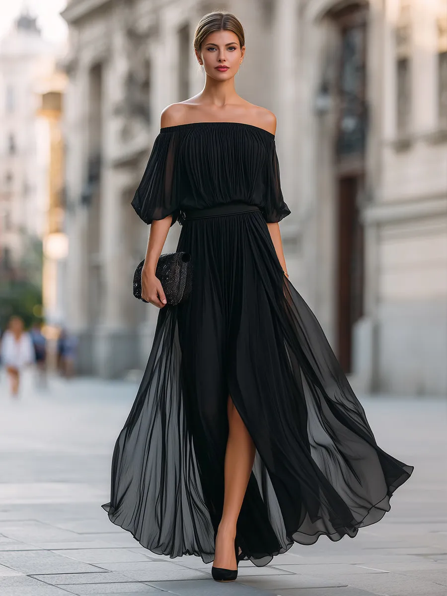 Off-Shoulder Pleated Chiffon Maxi Dress sold by Mooyius product image thumbnail 2