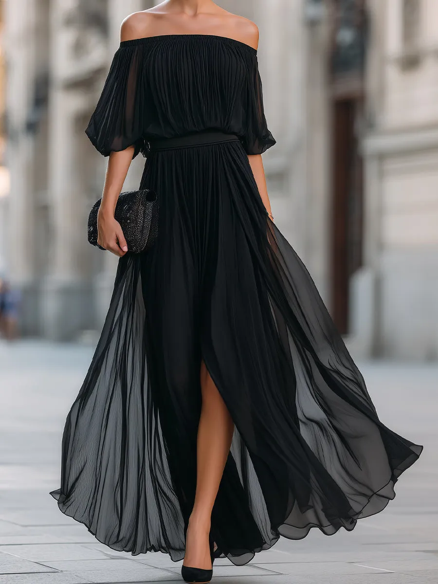 Off-Shoulder Pleated Chiffon Maxi Dress sold by Mooyius product image thumbnail 4