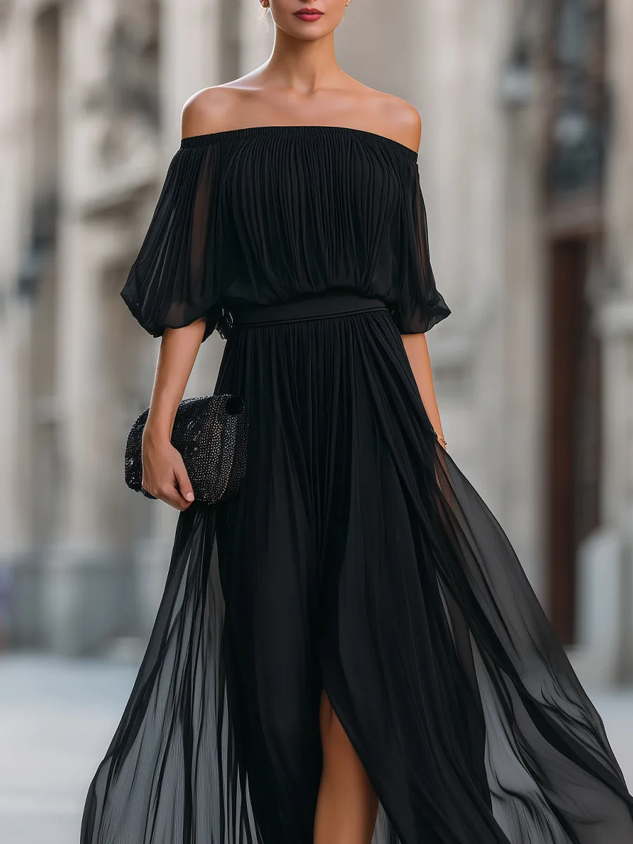 Off-Shoulder Pleated Chiffon Maxi Dress sold by Mooyius product image thumbnail 3