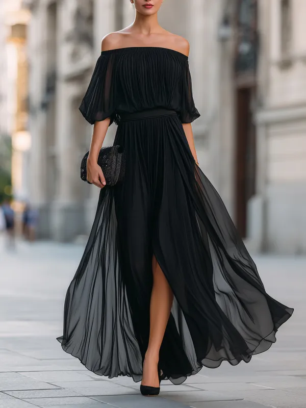 Off-Shoulder Pleated Chiffon Maxi Dress made by Mooyius