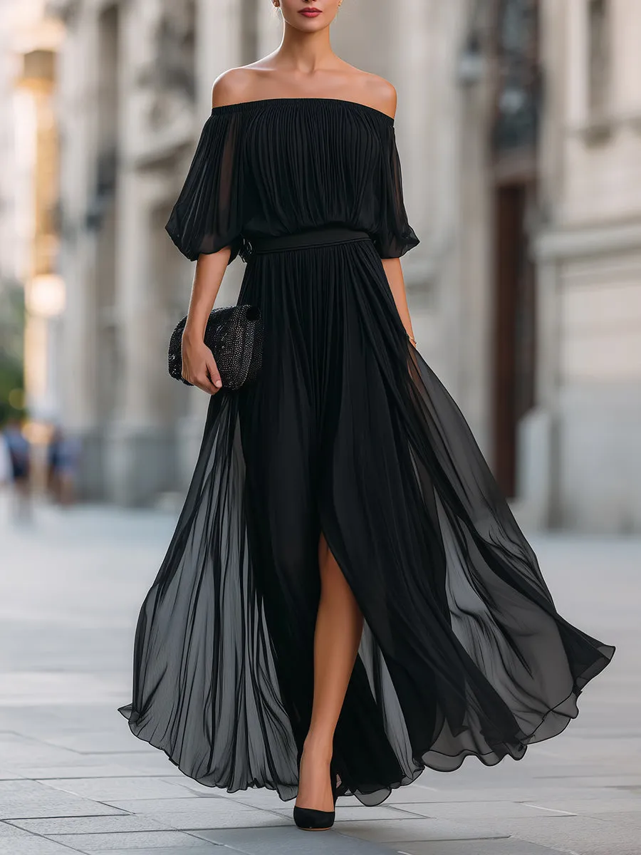 Off-Shoulder Pleated Chiffon Maxi Dress sold by Mooyius