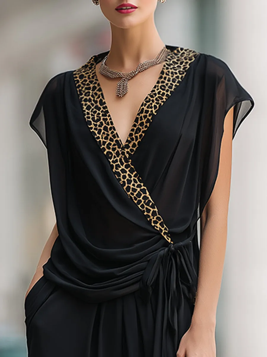 Elegant Leopard Trim Chiffon Top and Wide-Leg Pants Set sold by Mooyius product image thumbnail 2