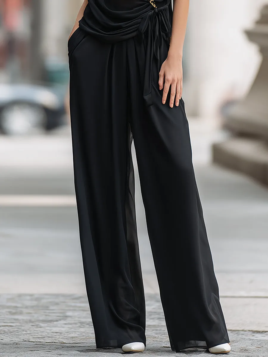 Elegant Leopard Trim Chiffon Top and Wide-Leg Pants Set sold by Mooyius product image thumbnail 3