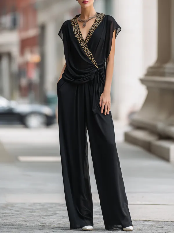 Elegant Leopard Trim Chiffon Top and Wide-Leg Pants Set sold by Mooyius