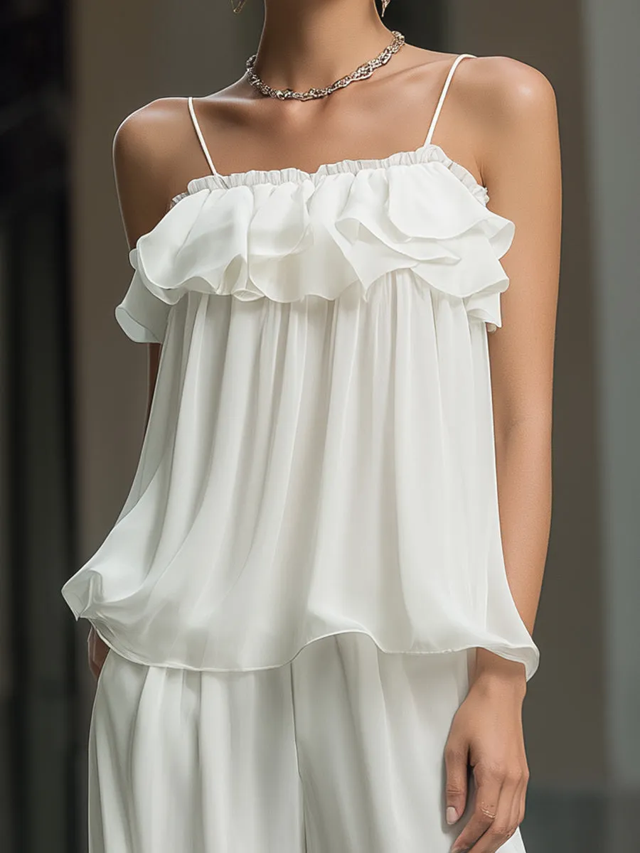 Elegant Ruffle Chiffon Camisole And Wide-Leg Pants Set sold by Mooyius product image thumbnail 2
