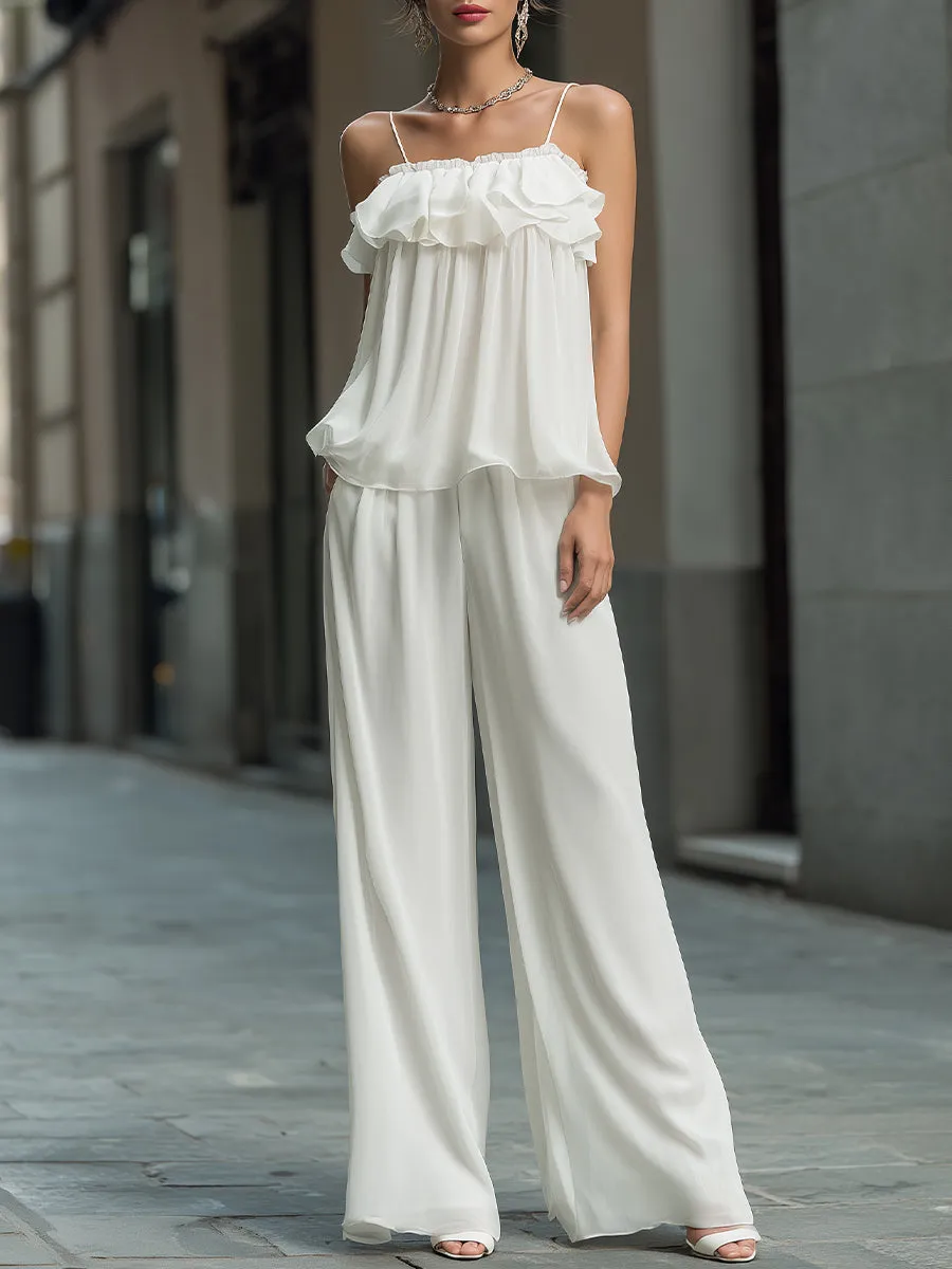 Elegant Ruffle Chiffon Camisole And Wide-Leg Pants Set sold by Mooyius