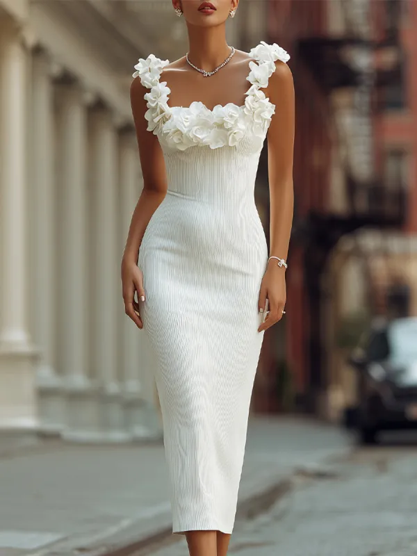 Elegant Floral Strap Textured White Midi Dress made by Mooyius
