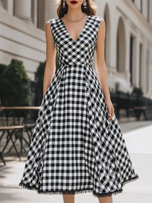 Elegant V-Neck Gingham A-Line Midi Dress made by Mooyius