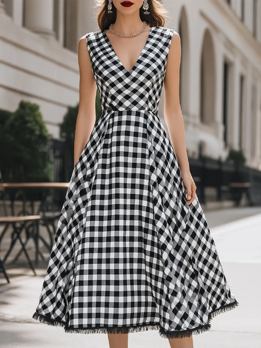 Elegant V-Neck Gingham A-Line Midi Dress sold by Mooyius
