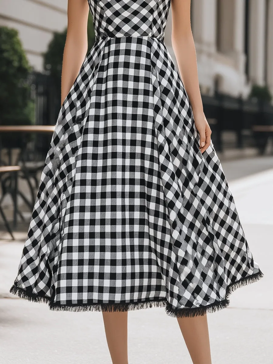 Elegant V-Neck Gingham A-Line Midi Dress sold by Mooyius product image thumbnail 4