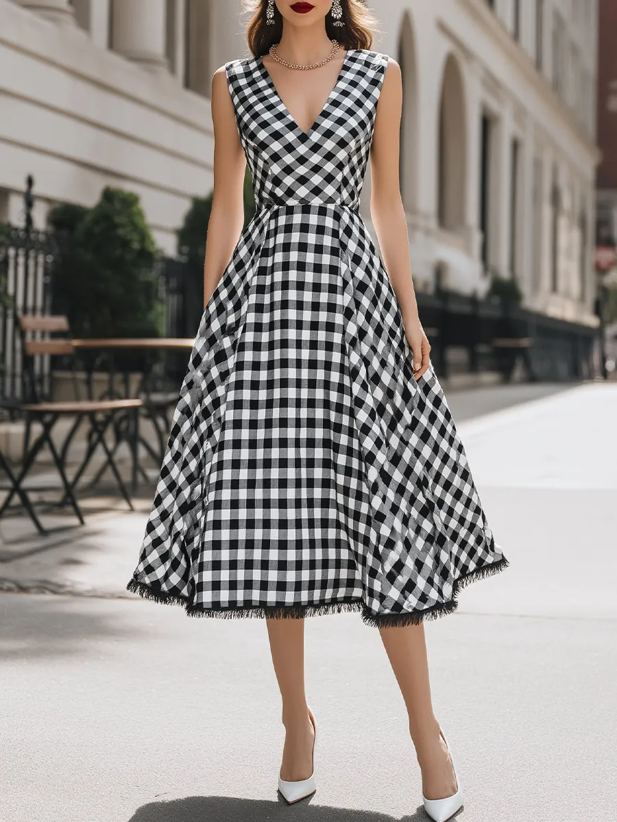 Elegant V-Neck Gingham A-Line Midi Dress sold by Mooyius product image thumbnail 2