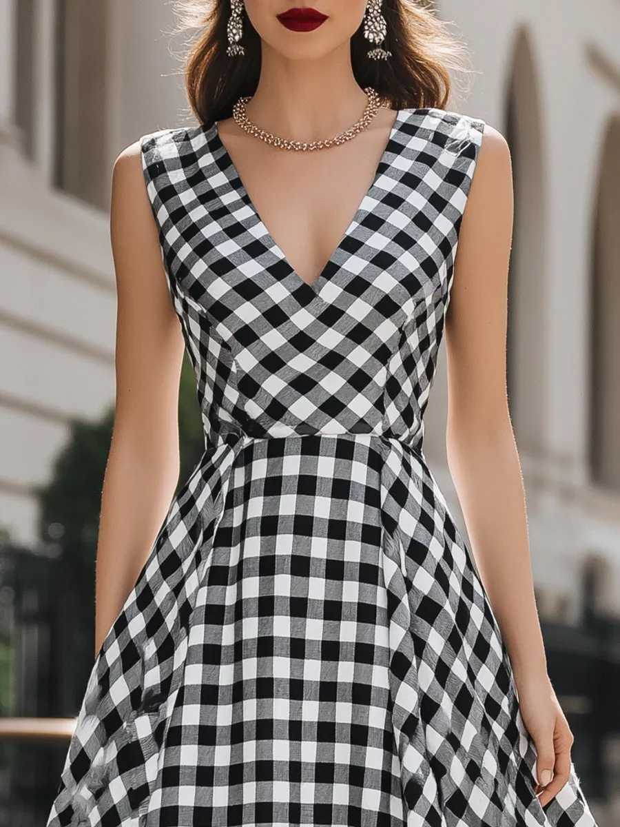 Elegant V-Neck Gingham A-Line Midi Dress sold by Mooyius product image thumbnail 3