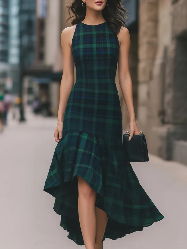 Green Plaid Sleeveless High Neck High-Low Midi Dress made by Something Navy