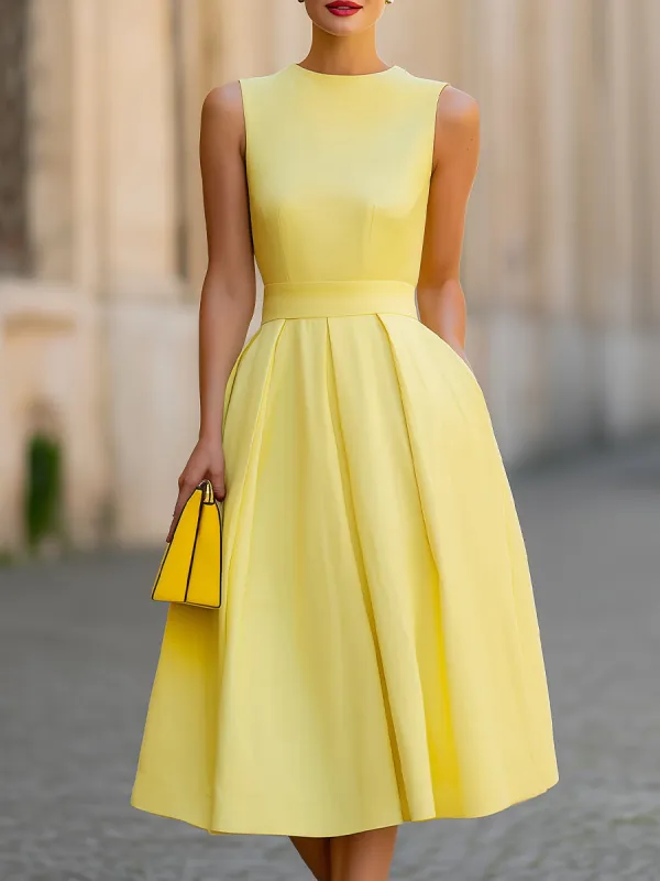 Bright Yellow Sleeveless Round Neck Pleated Midi Dress With Pockets made by Something Navy
