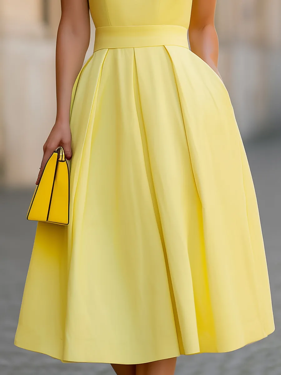 Bright Yellow Sleeveless Round Neck Pleated Midi Dress With Pockets sold by Mooyius product image thumbnail 3