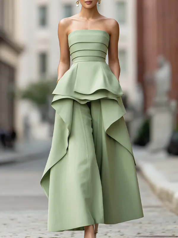 Elegant Strapless Peplum Top & Wide-Leg Pants Two-Piece Set made by Mooyius