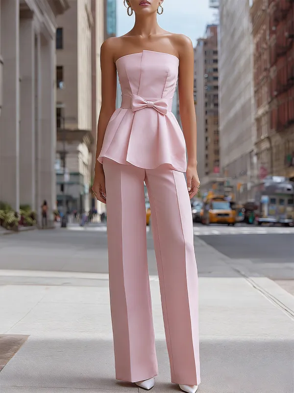 Strapless Peplum Bow Top And Tailored Wide-Leg Pants Set made by Mooyius