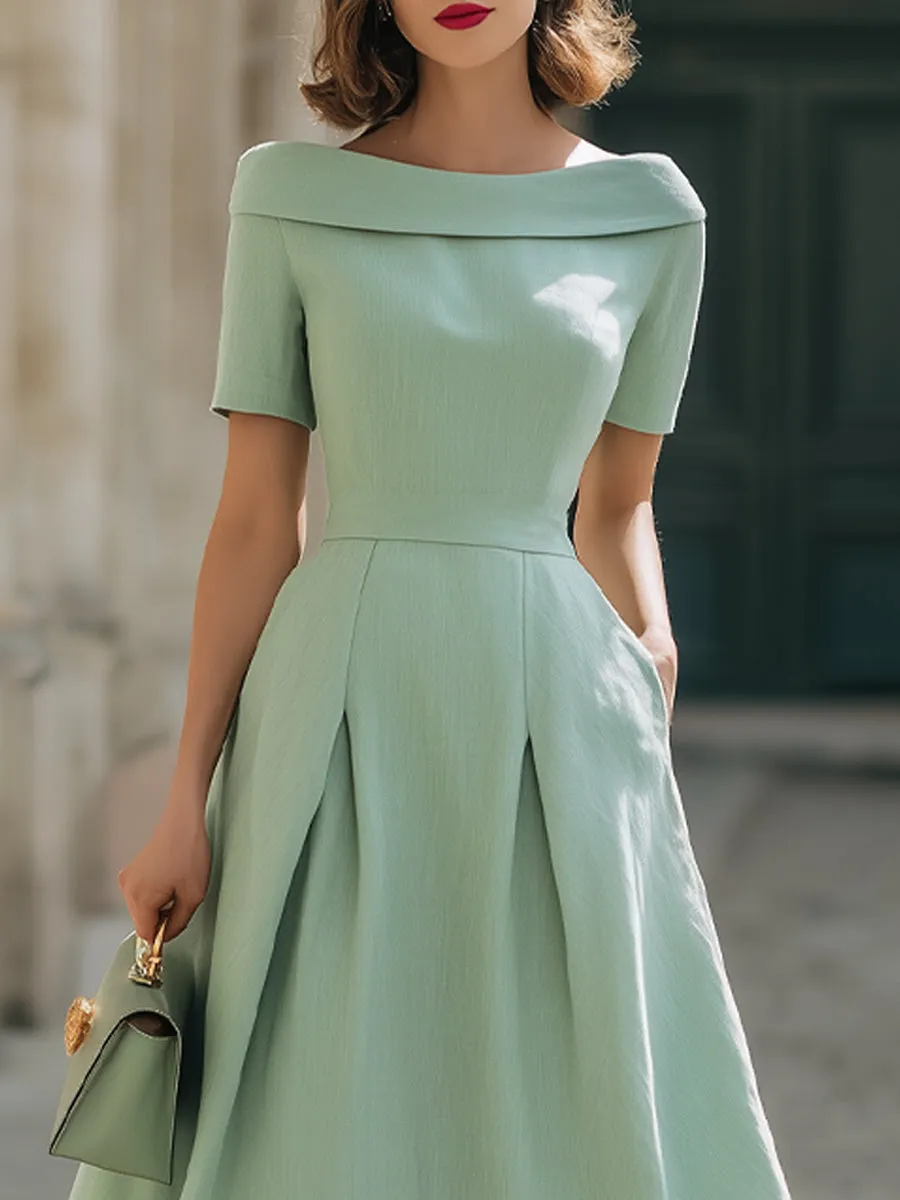 Mint Green Off-Shoulder Short Sleeve Fit-and-Flare Midi Dress With Pockets sold by Mooyius product image thumbnail 3