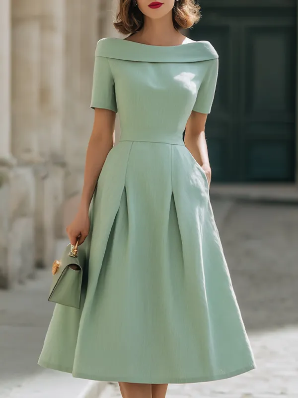 Mint Green Off-Shoulder Short Sleeve Fit-and-Flare Midi Dress With Pockets made by Something Navy