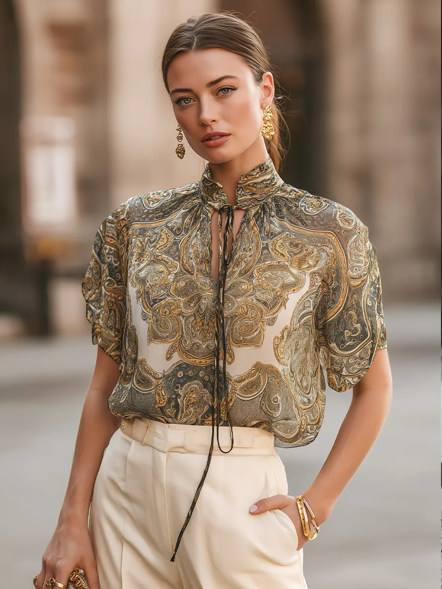 Paisley Print Tie-Neck Short Sleeve Blouse sold by Mooyius product image thumbnail 2