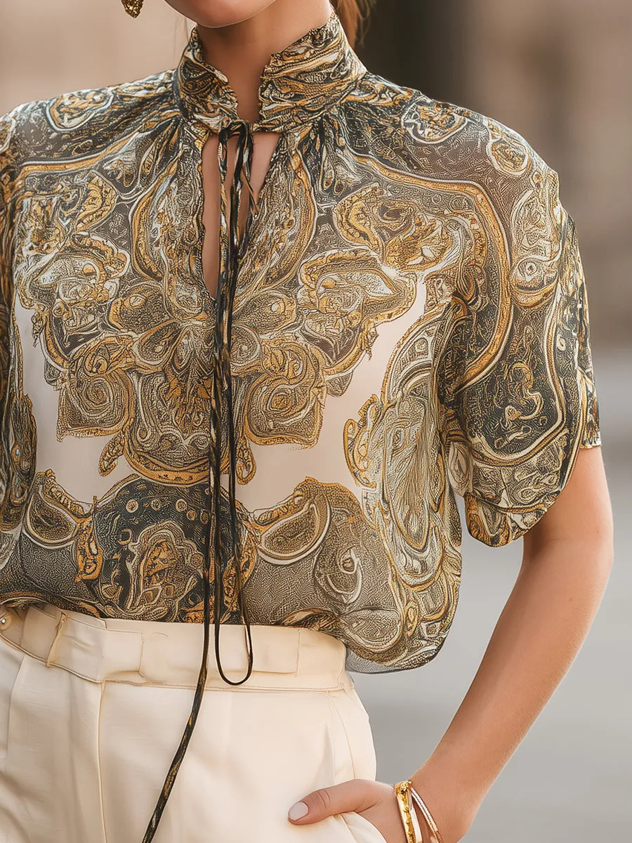 Paisley Print Tie-Neck Short Sleeve Blouse sold by Mooyius product image thumbnail 4