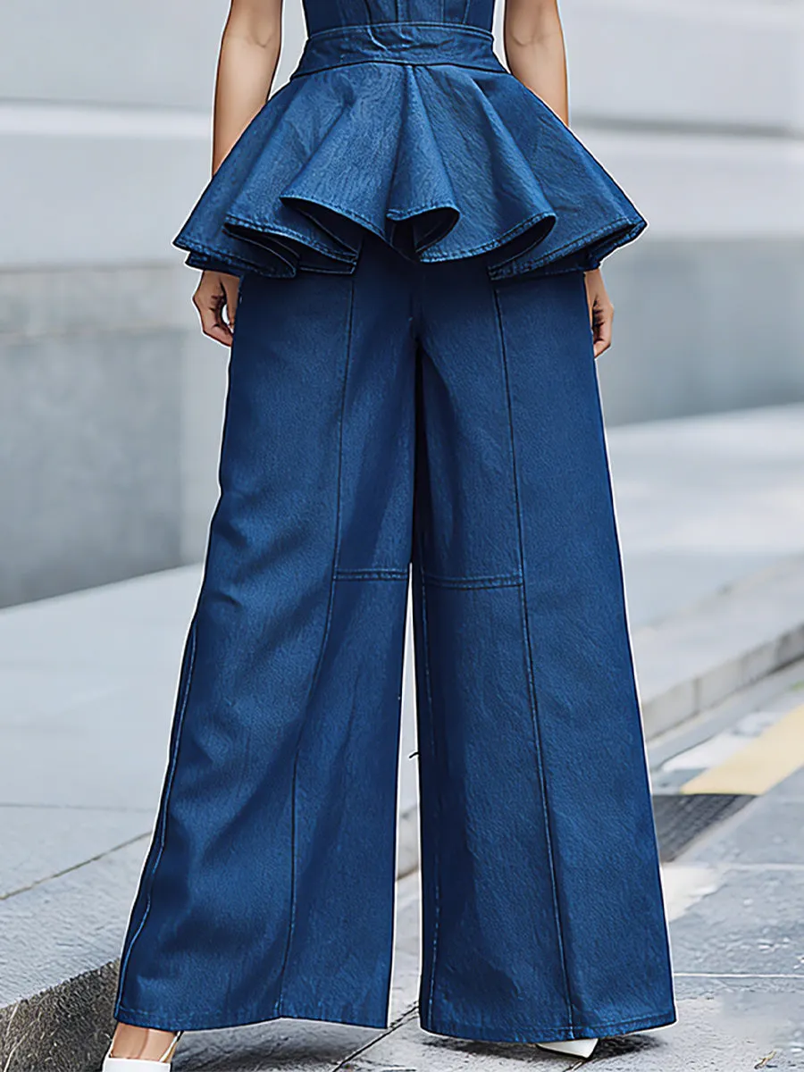 Sleeveless High-Neck Peplum Top And Wide-Leg Pants Set sold by Mooyius product image thumbnail 3