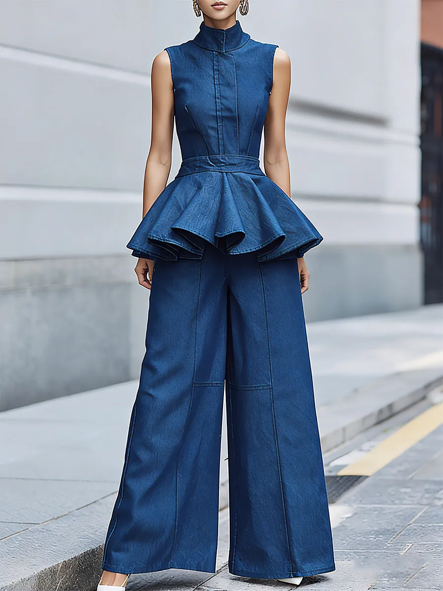 Sleeveless High-Neck Peplum Top And Wide-Leg Pants Set sold by Mooyius