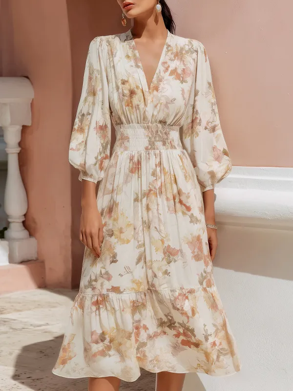 Floral Ruched Waist V-Neck Flowing Midi Dress made by Mooyius