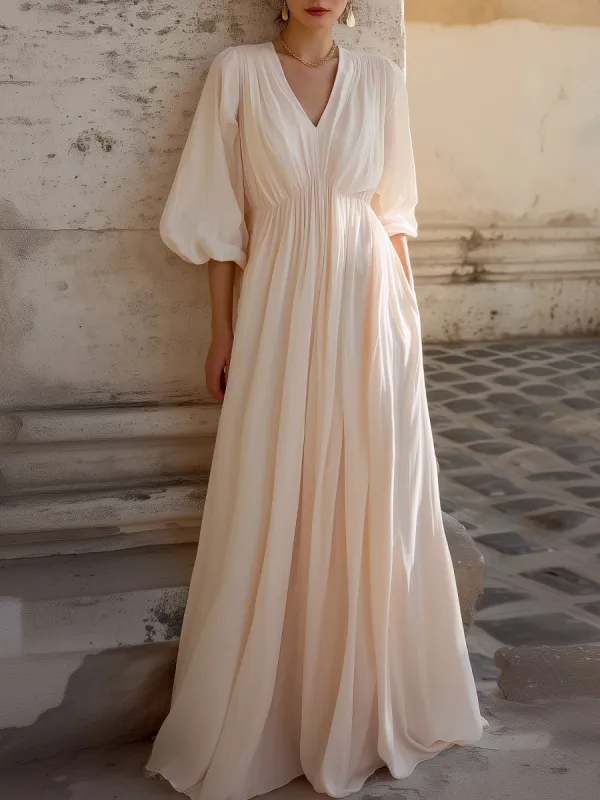 Ruched Waist V-Neck Flowing Maxi Dress made by Mooyius
