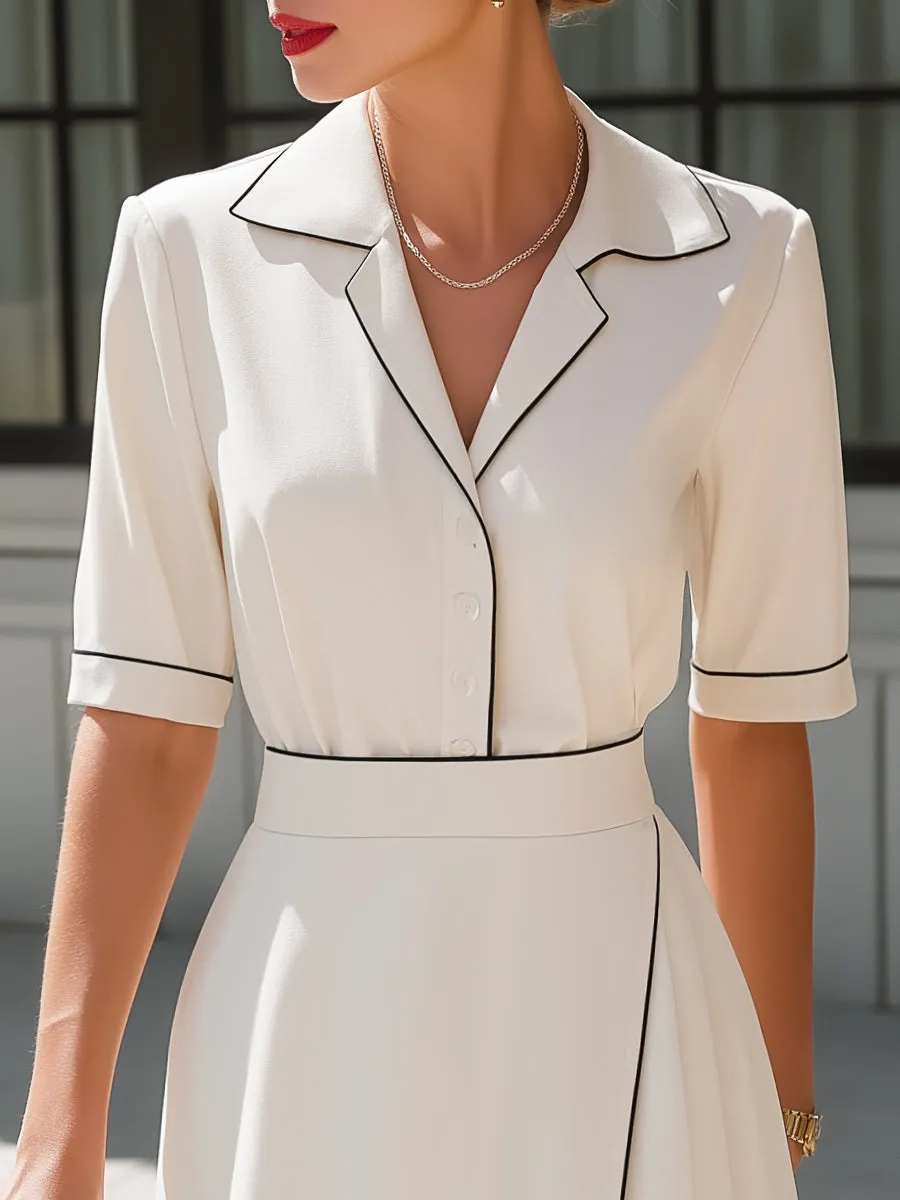 Contrast Piping Shirt Top And A-Line Skirt Set sold by Mooyius product image thumbnail 2