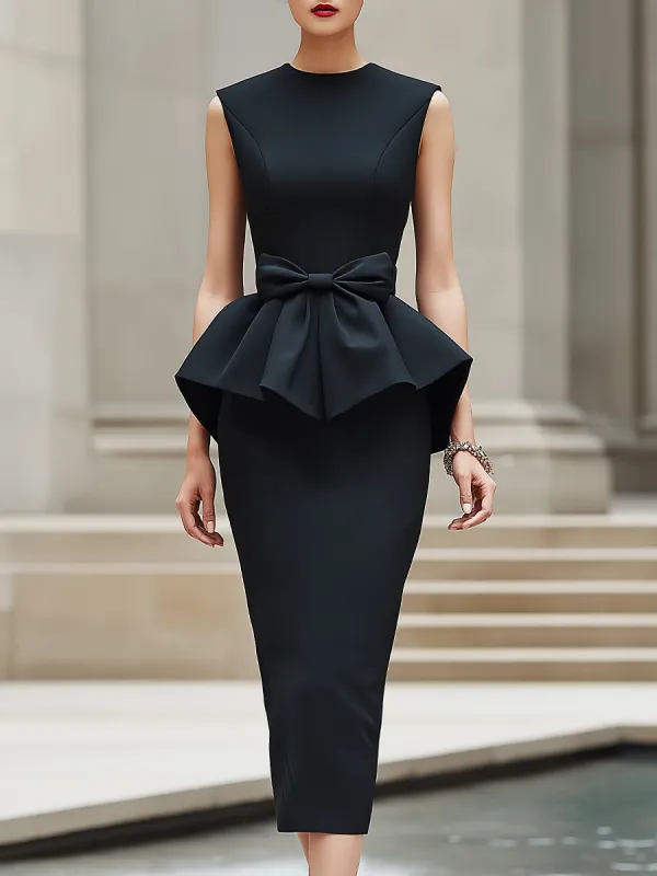 Sleeveless Bow Detail Peplum Midi Dress made by Mooyius